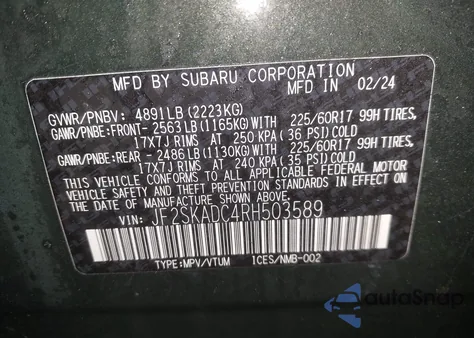 2024 Subaru Forester Premium z USA, uszkodzony, nr VIN JF2SKADC4RH503589